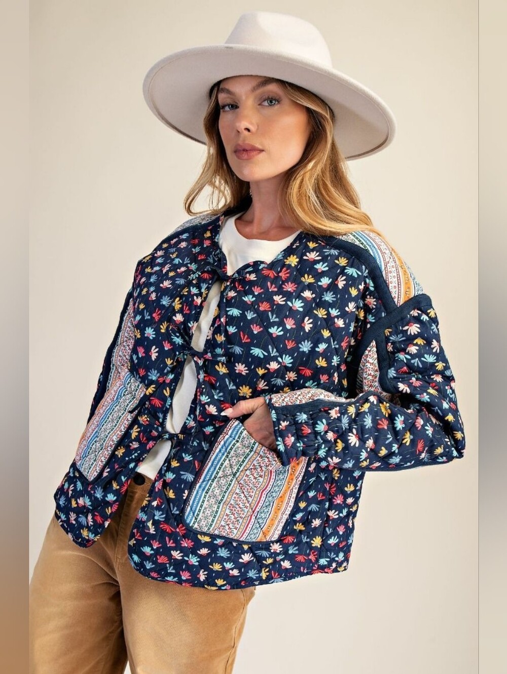 6-0831 Easel Floral Patchwork Cotton Navy Floral Quilted Jacket